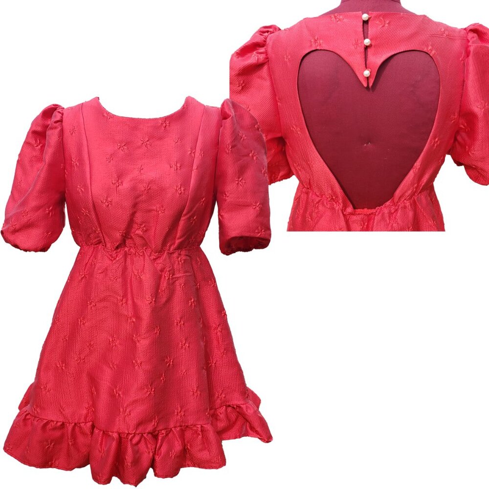Sister Jane Poppy Mini Dress Red Jacquard Puff Sleeves Heart Back Cutout Small